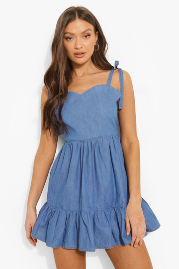 Miniklänning I Chambray Med Knytdetaljer, Blue