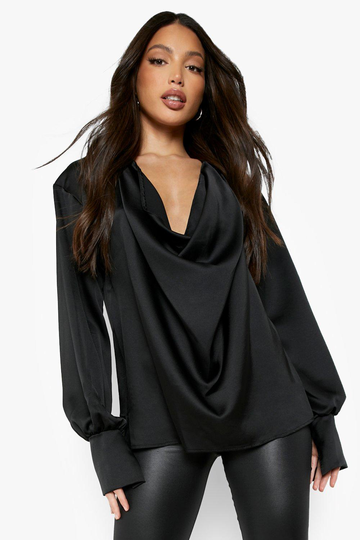 Tall - Skjorta Med Draperad Hals, Black