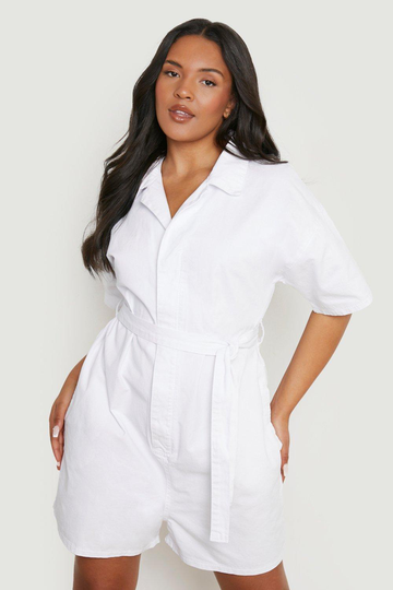 Plus - Romper I Denim Med Krage, White