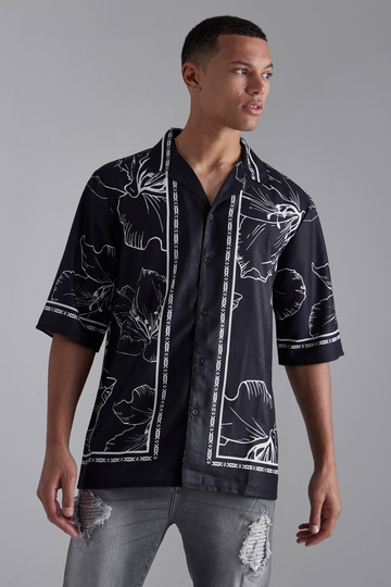 Tall Kortärmad Blommig Skjorta Med Bowlingkrage, Black