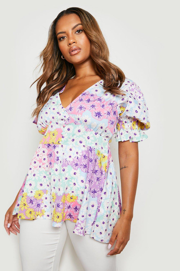 Plus - Blommig Topp Med Puffärm, Multi