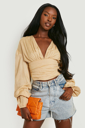 Crop Top I Linnetyg Med Veckad Midja Och Volymärm, Beige