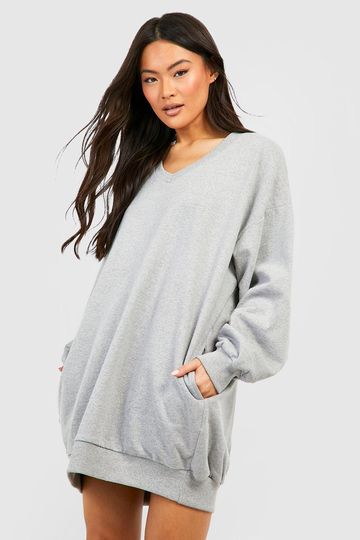 Oversized V-Ringad Sweatshirtklänning, Grey