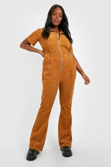 Plus Jumpsuit I Manchester Med Dragkedja Och Utsvängda Ben, Brown