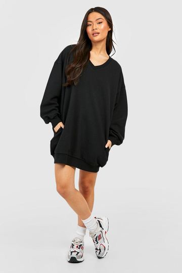 Oversized V-Ringad Sweatshirtklänning, Black