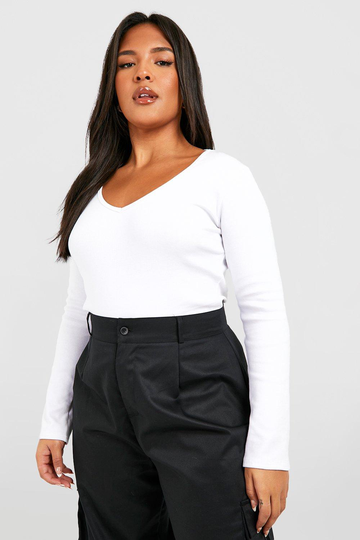 Plus - Ribbad Body Med Lång Urringning, White