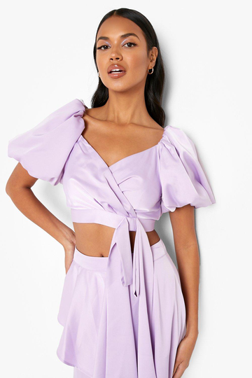 Crop Top I Satin Med Puffärm, Purple