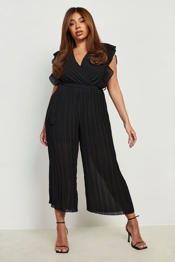 Plus - Plisserad Jumpsuit Med Knytskärp Och Volangärm, Black
