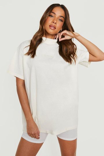 Oversize T-Shirt Med Hög Halsmudd Och Gummimärke, White