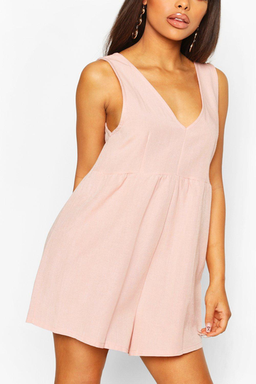 Petite - V-Ringad Romper I Linneimitation, Orange