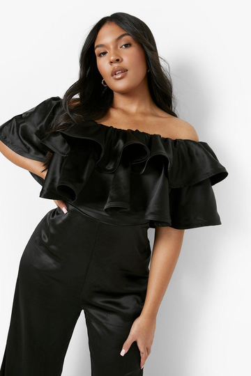 Plus Off Shoulder-Jumpsuit Med Volanger, Black