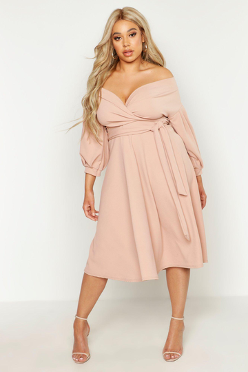 Plus - Knälång Off Shoulder-Klänning Med Omlott, Pink