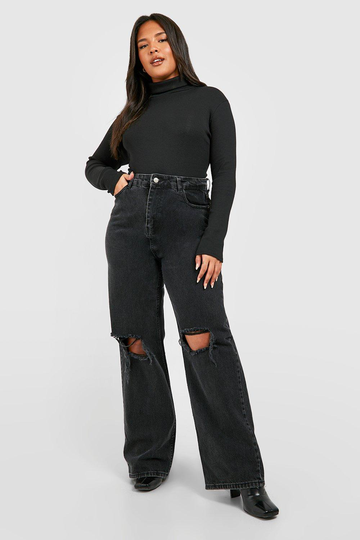 Plus - Ribbad Body I Neonfärg Med Polokrage, Black