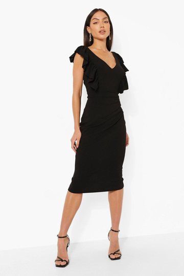 Bodyconklänning Med V-Ringning Och Volanger, Black