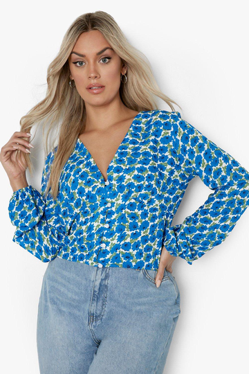 Plus - Småblommig Kort Blus Med Knappar, Blue