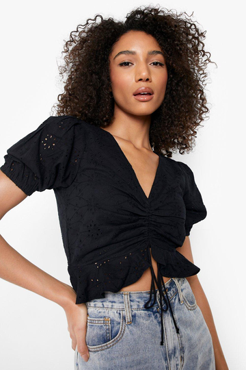 Tall - Rynkad Topp Med Broderie Anglaise, Black