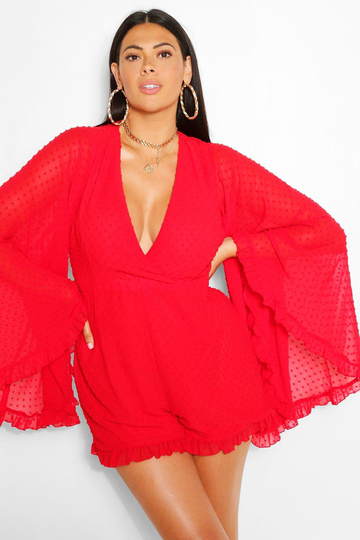 Plus - Romper I Prickig Chiffong Med Vid Ärm, Red