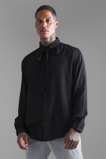 Oversized Långärmad Skjorta I Viskos Med Knytdetalj, Black