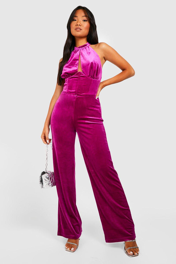 Petite - Jumpsuit I Sammet Med Korsett Och Halterneck, Purple