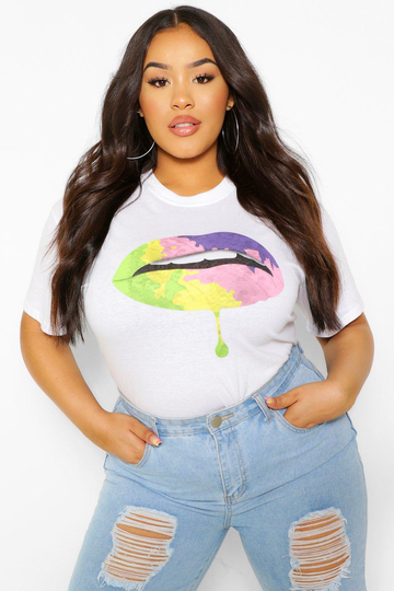 Plus - T-Shirt Med Läppar I Regnbågsfärger, White