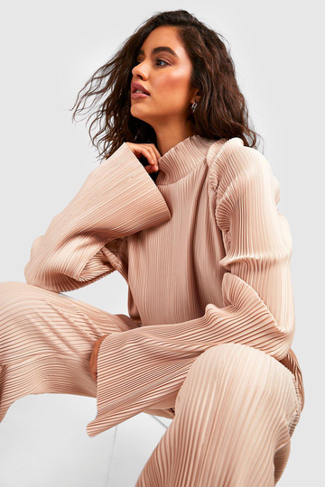 Plisserad Topp Med Volymärm, Beige