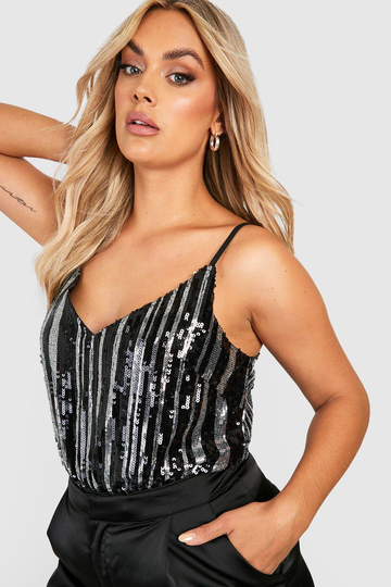 Plus - Randig Body Med Omlott Och Paljetter, Grey