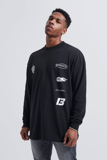 Oversized Långärmad T-Shirt Med Tryck, Black