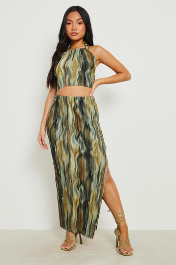 Petite - Mönstrad Crop Top Och Maxikjol, Green