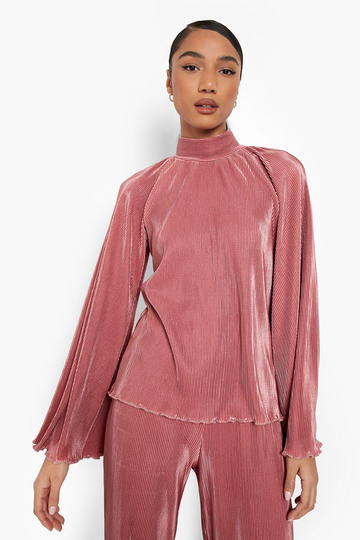 Tall - Plisserad Topp Med Hög Hals Och Utsvängd Ärm, Pink