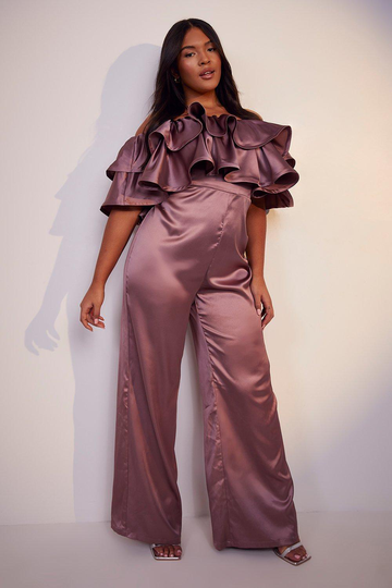 Plus Off Shoulder-Jumpsuit Med Volanger, Purple