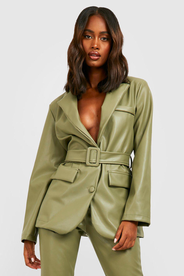 Oversize Kavaj I Konstläder Med Bälte, Green