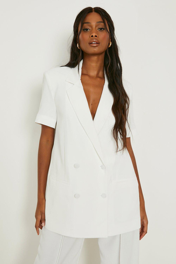 Premium Dubbelknäppt Kavaj Med Struktur, White