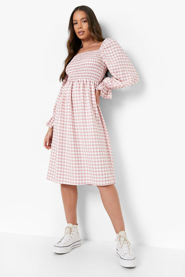 Rutig Klänning Med Smock, Pink