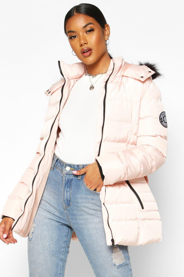 Parkasjacka Med Bälte Och Huva Med Fuskpäls, Pink