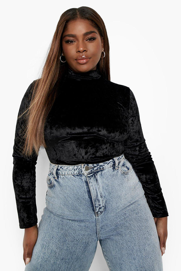 Plus - Långärmad Body I Sammet Med Krossad Effekt, Black