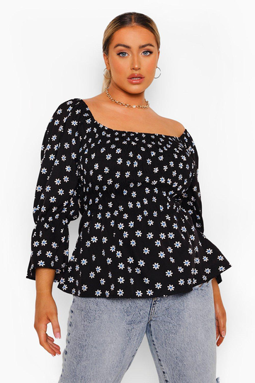 Plus - Blommig Blus Med Smock Och Volangärm, Black