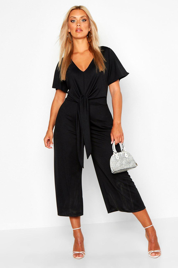 Plus - Jumpsuit I Culottemodell Med Knytband Och Vid Ärm, Black
