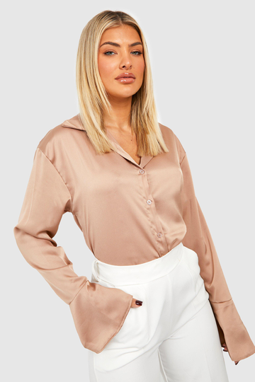 Satinskjorta Med Utsvängd Ärm, Beige