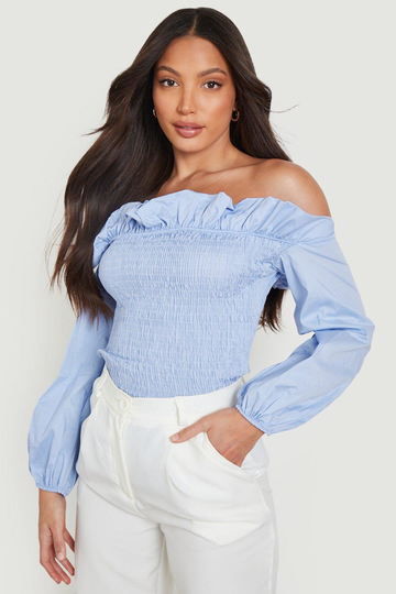 Tall - Off Shoulder-Topp Med Smock, Blue