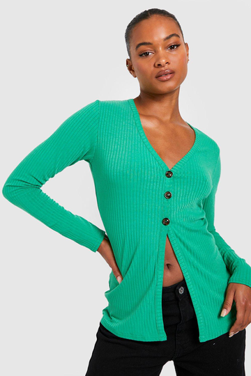 Tall - Långärmad Stickad Topp Med Knappar, Green