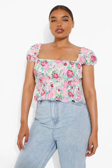 Plus - Blommig Topp Med Smock Och Puffärm, Pink