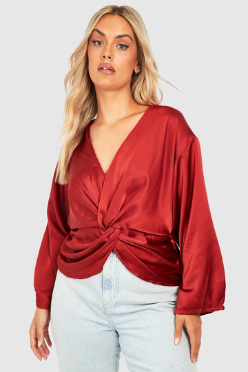 Plus Satinblus Med Tvinnad Detalj, Brown
