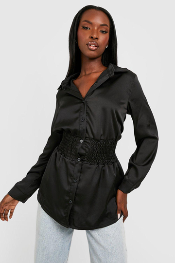 Satinskjorta Med Smockad Midja, Black