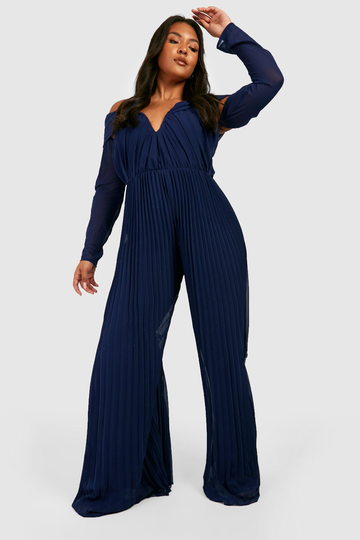 Plus Plisserad Jumpsuit I Chiffong, Blue