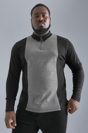 Plus Långärmad Piké I Slim Fit Med Paneler, Black