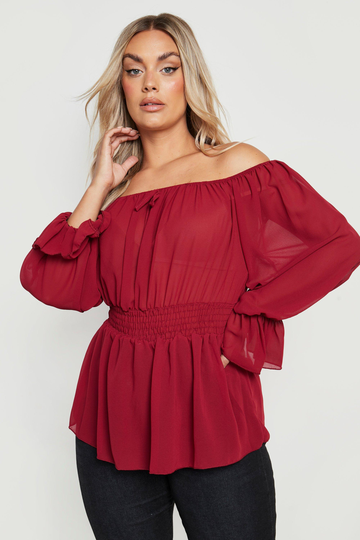 Plus - Off Shoulder-Topp I Chiffong, Red