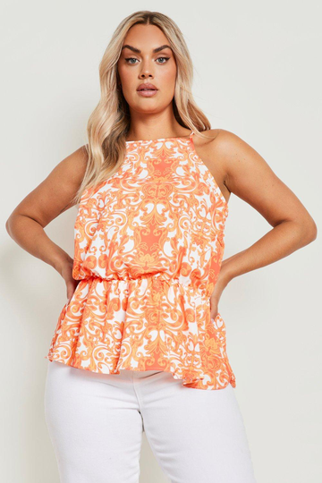 Plus - Mönstrat Linne Med Peplum, Orange