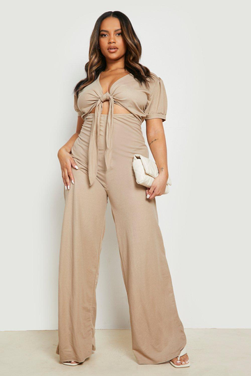 Plus - Jumpsuit Med Knytdetalj Och Vida Ben, Beige