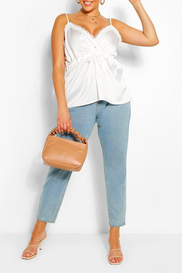 Plus - Linne I Satin Med Spets Och Knytband, White