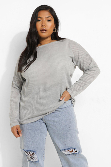 Plus - Långärmad Oversize T-Shirt I Ribbat Tyg, Grey